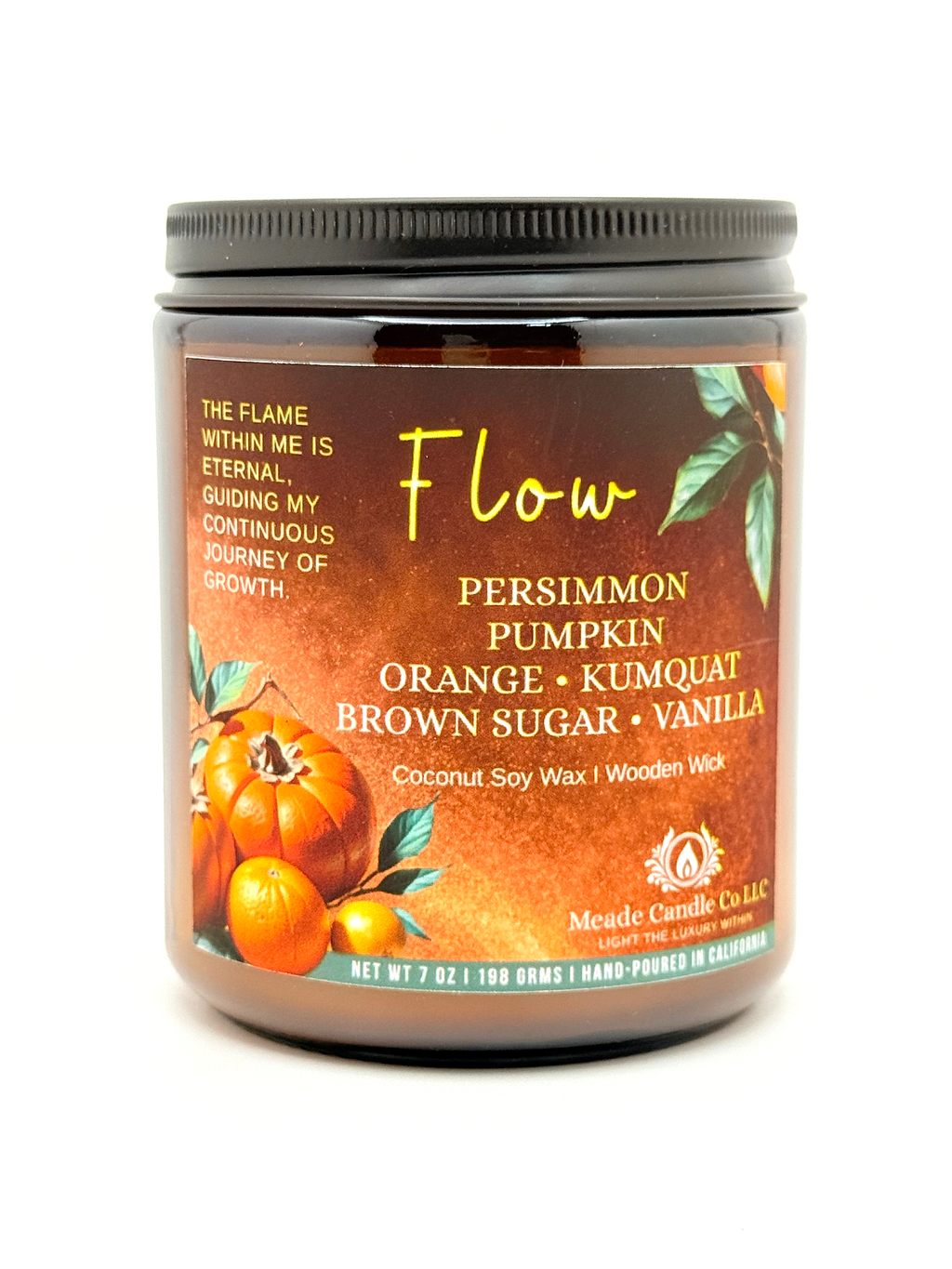 Scented candle jar with 'Flow' label.
