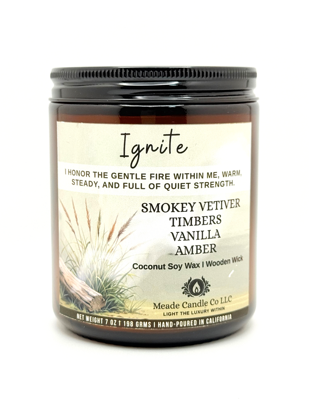 Scented candle jar labeled 'Ignite'.