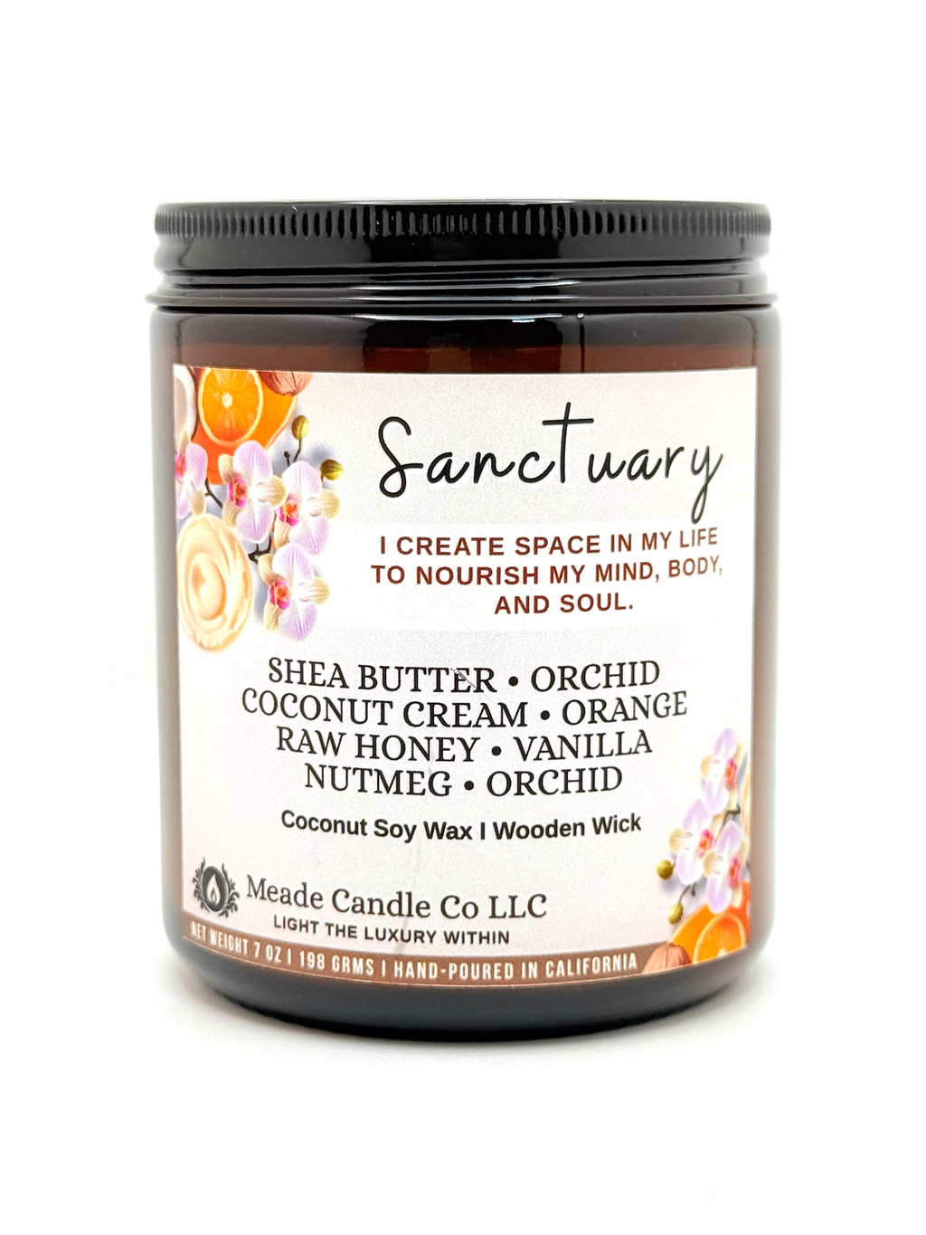 Scented candle jar with 'Sanctuary' label.