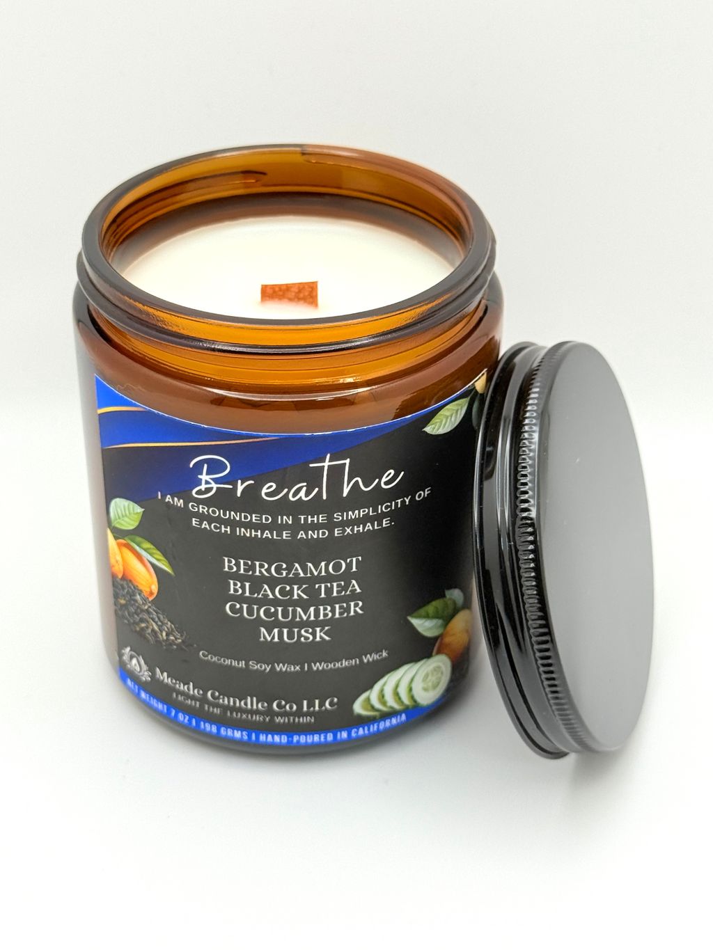 Breathe candle jar with a wood wick. 